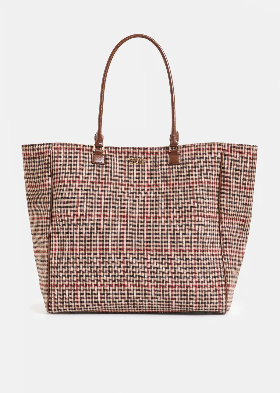 Brown, beige and red checked shopper bag 