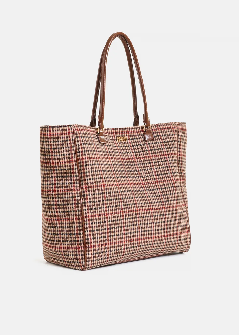 Brown, beige and red checked shopper bag 