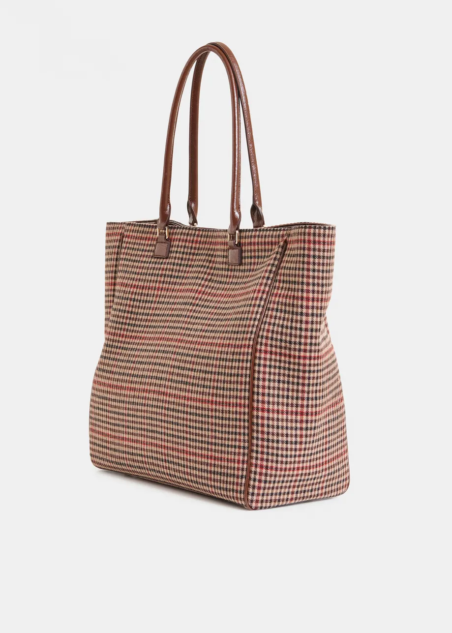 Brown, beige and red checked shopper bag 