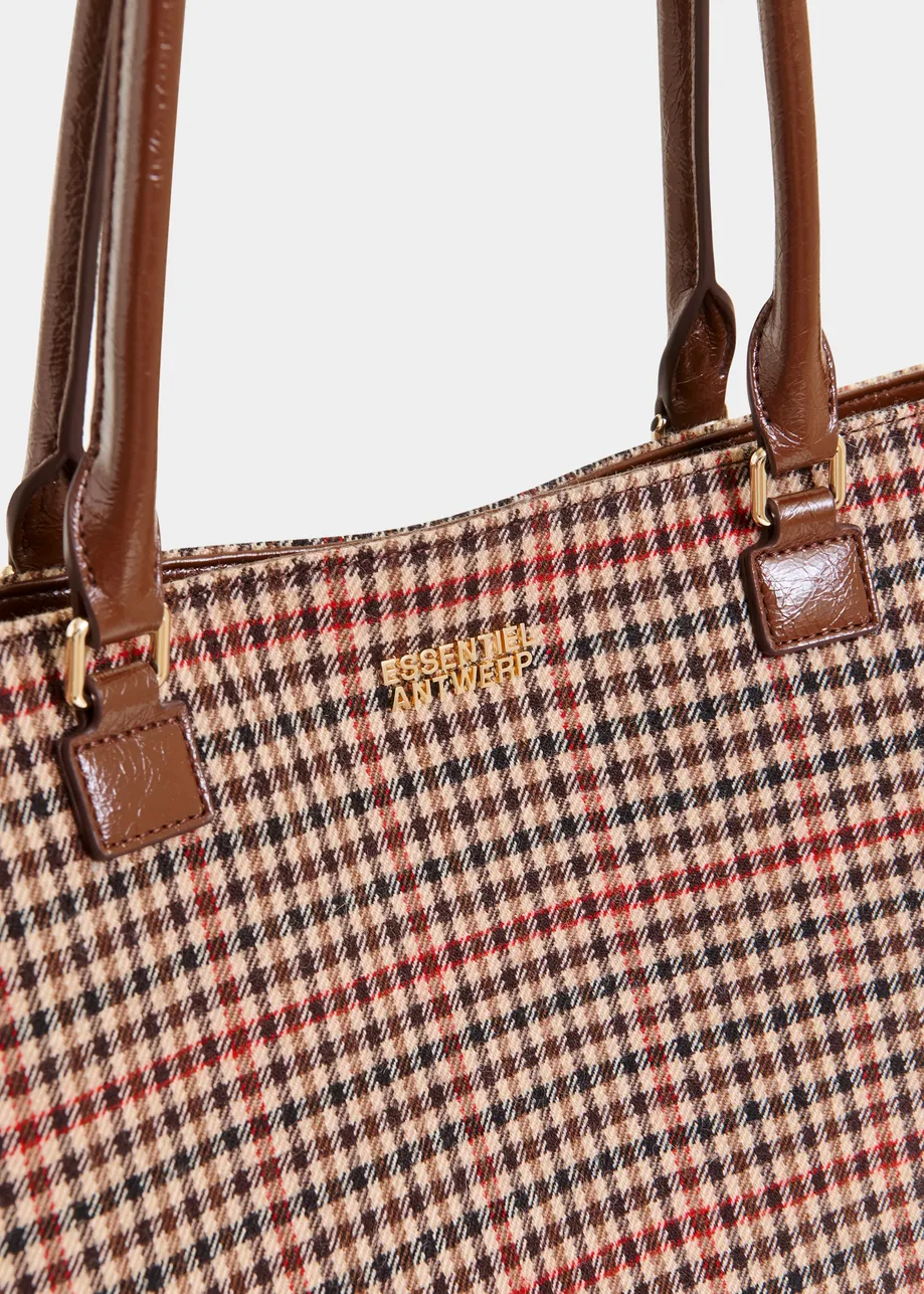Brown, beige and red checked shopper bag 