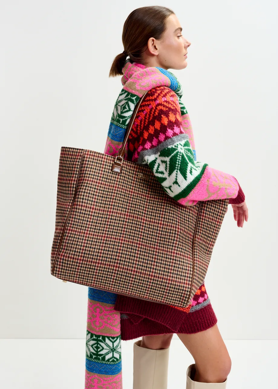 Brown, beige and red checked shopper bag 