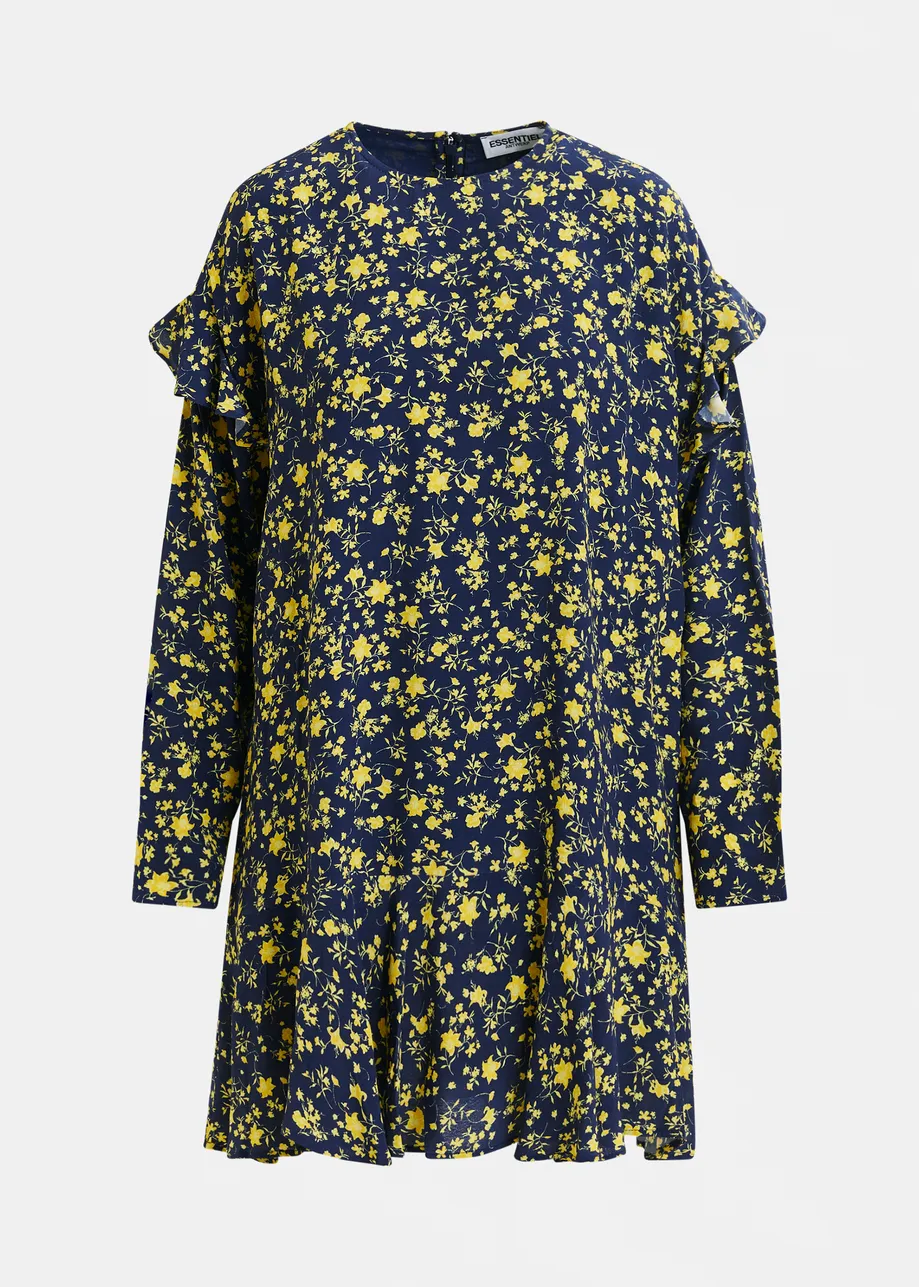 Navy and yellow floral minidress with ruffle details