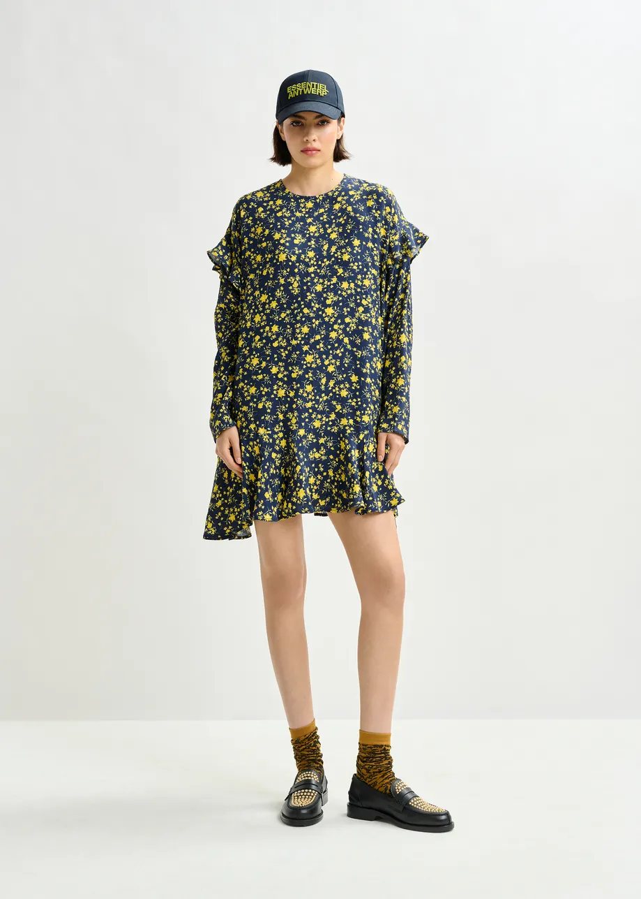 Navy and yellow floral minidress with ruffle details