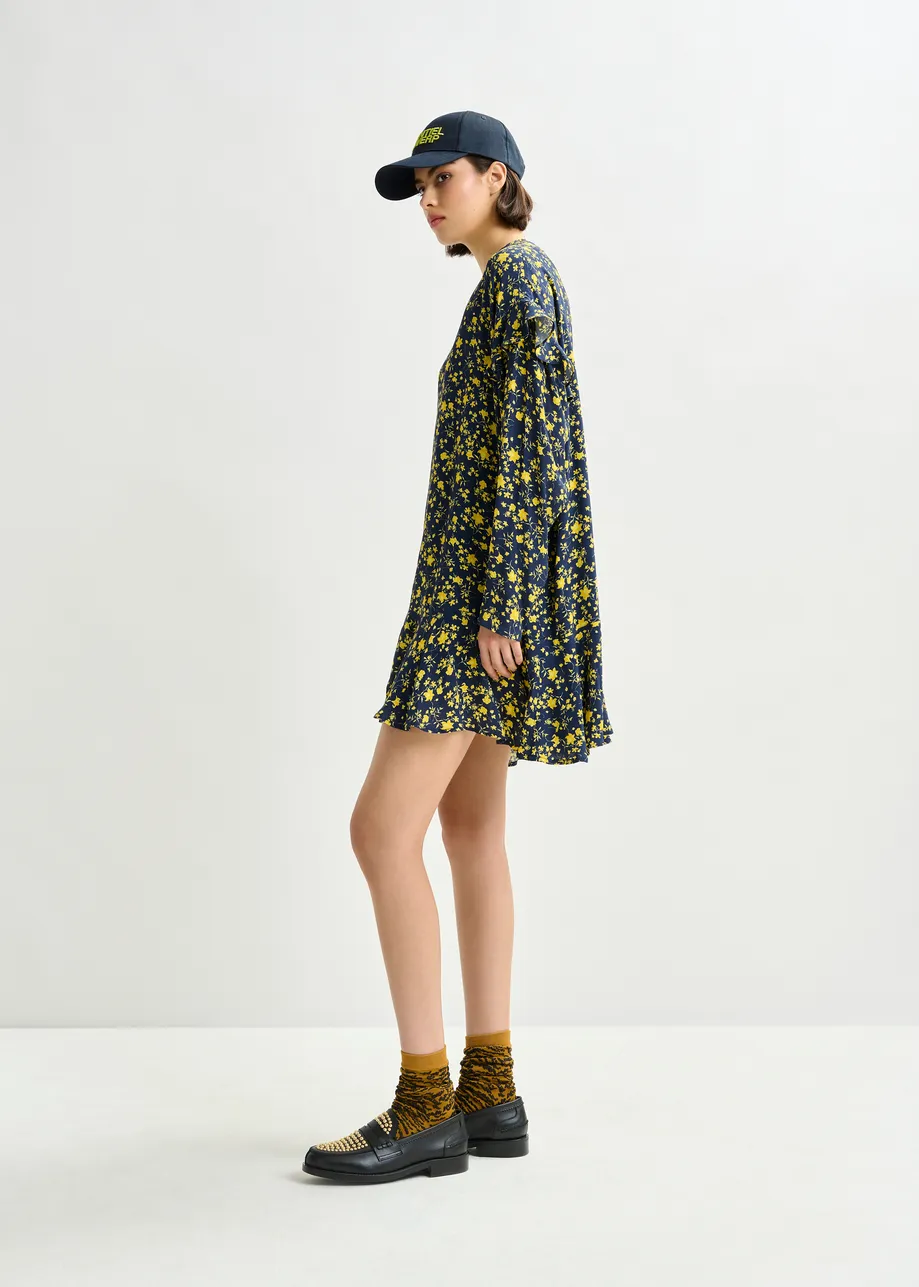 Navy and yellow floral minidress with ruffle details