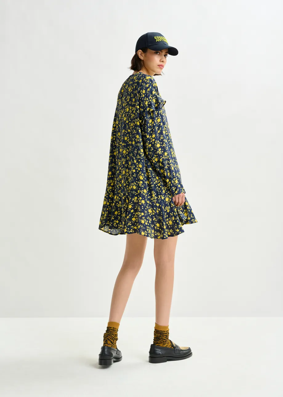Navy and yellow floral minidress with ruffle details
