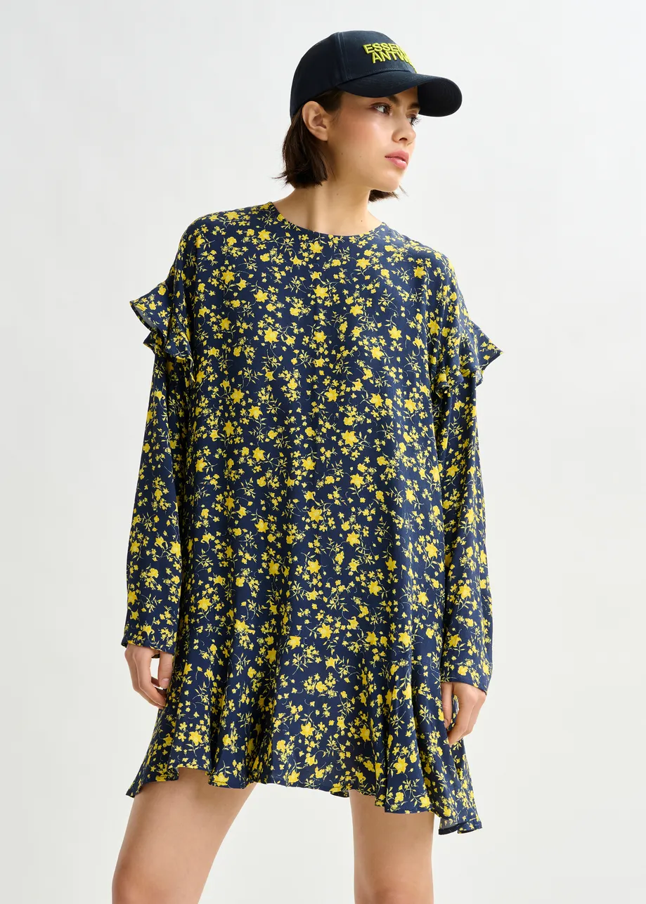 Navy and yellow floral minidress with ruffle details