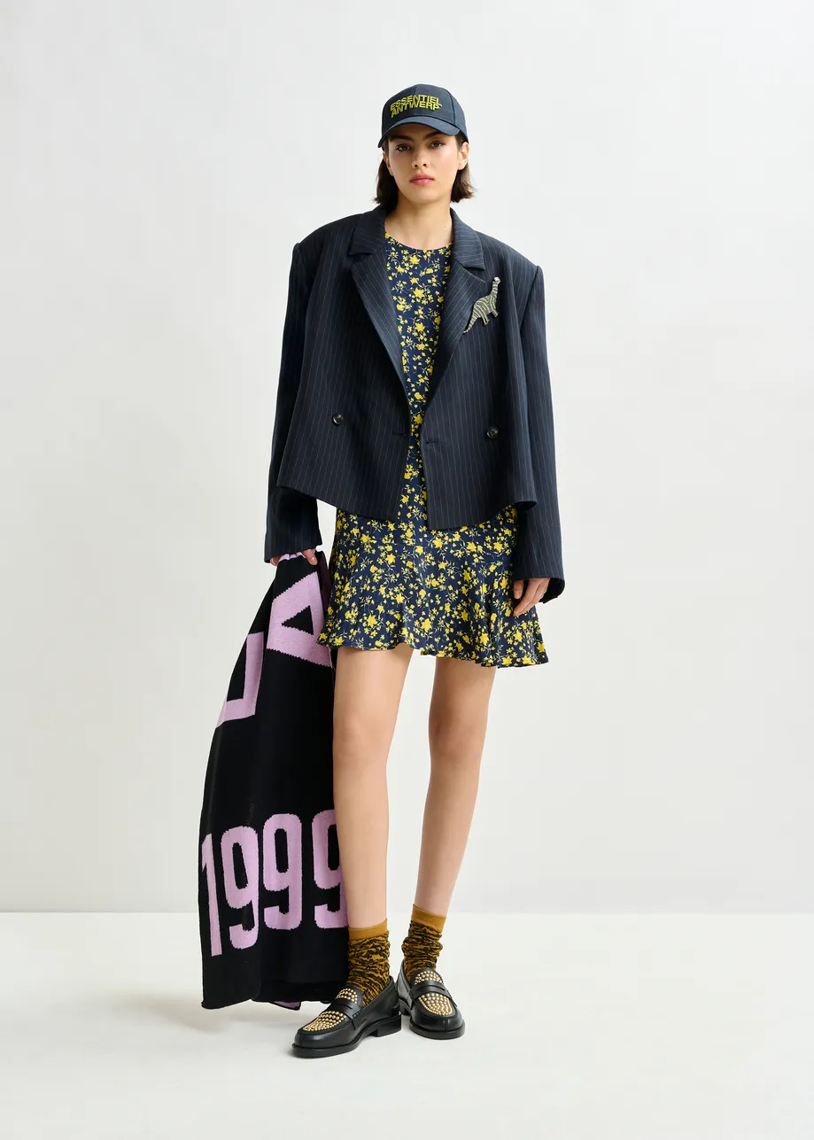 Navy and yellow floral minidress with ruffle details