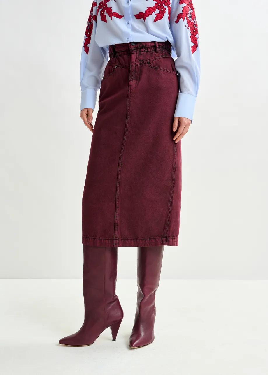 Overdyed bordeauxrode midirok met paperbag taille