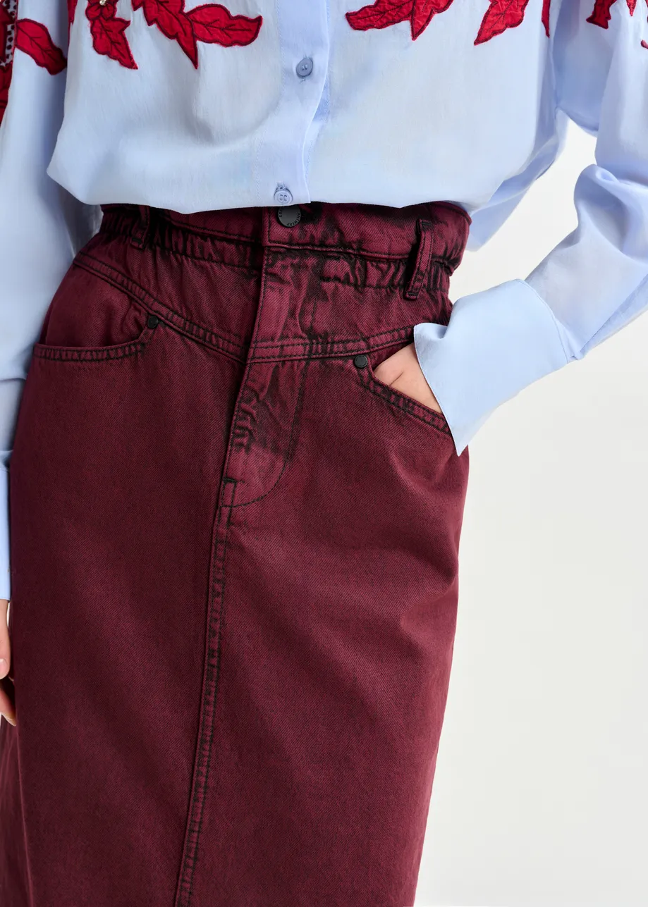 Overdyed bordeauxrode midirok met paperbag taille