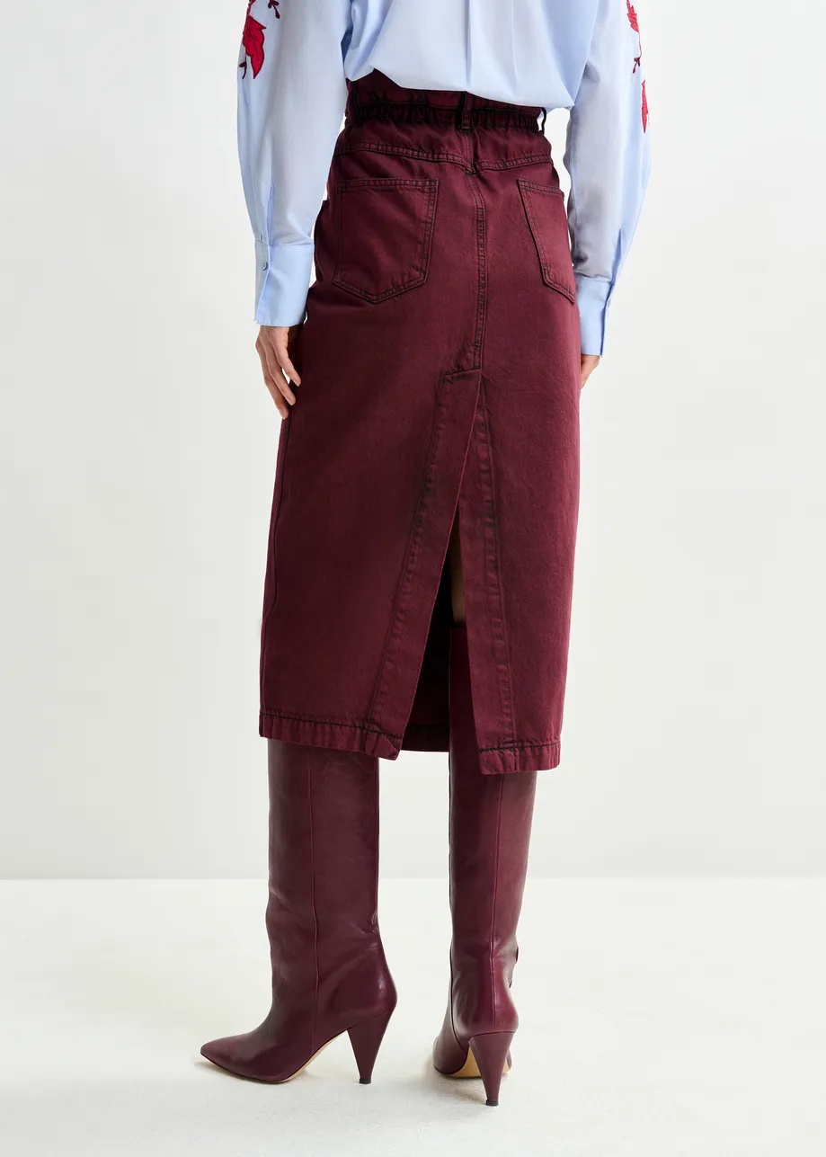 Overdyed bordeauxrode midirok met paperbag taille
