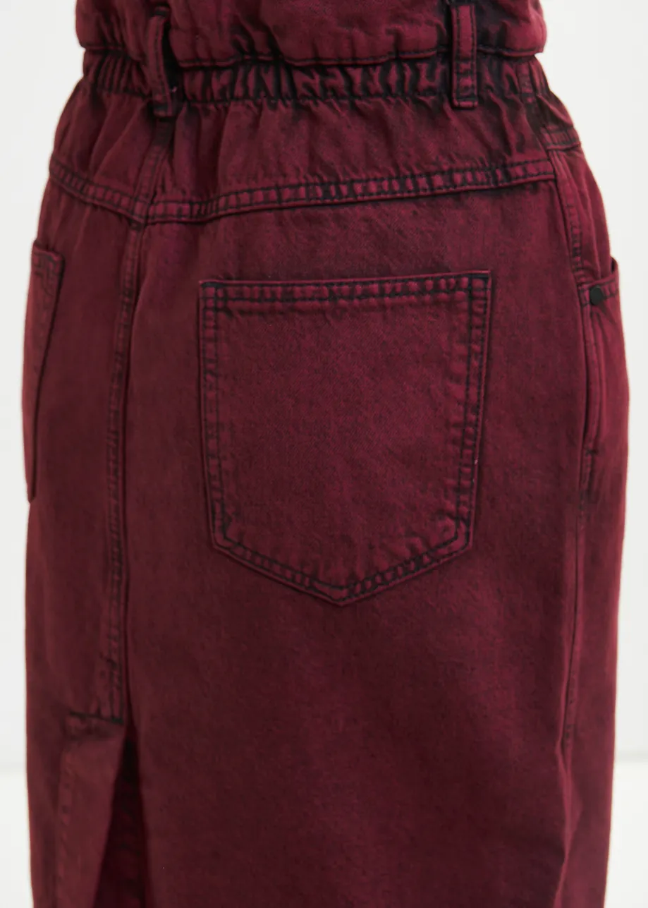 Overdyed bordeauxrode midirok met paperbag taille