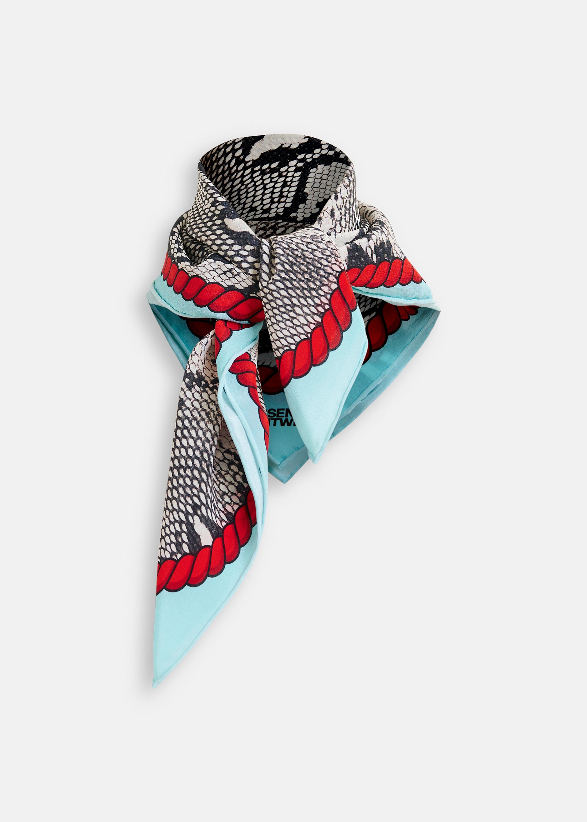 Light blue, red and green silk snake print square scarf
