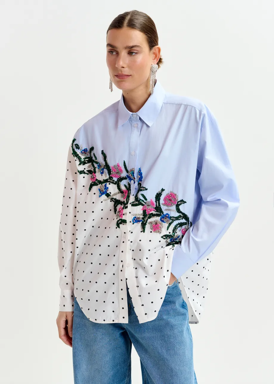 Blue, white and multicolor cotton shirt with sequin flowersand polka dot contrast
