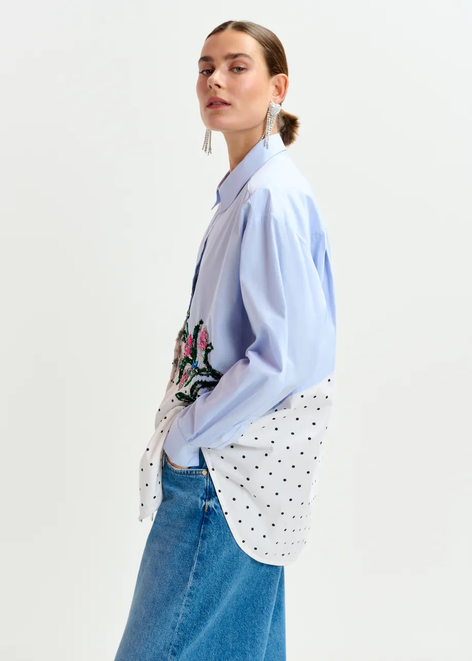Blue, white and multicolor cotton shirt with sequin flowersand polka dot contrast