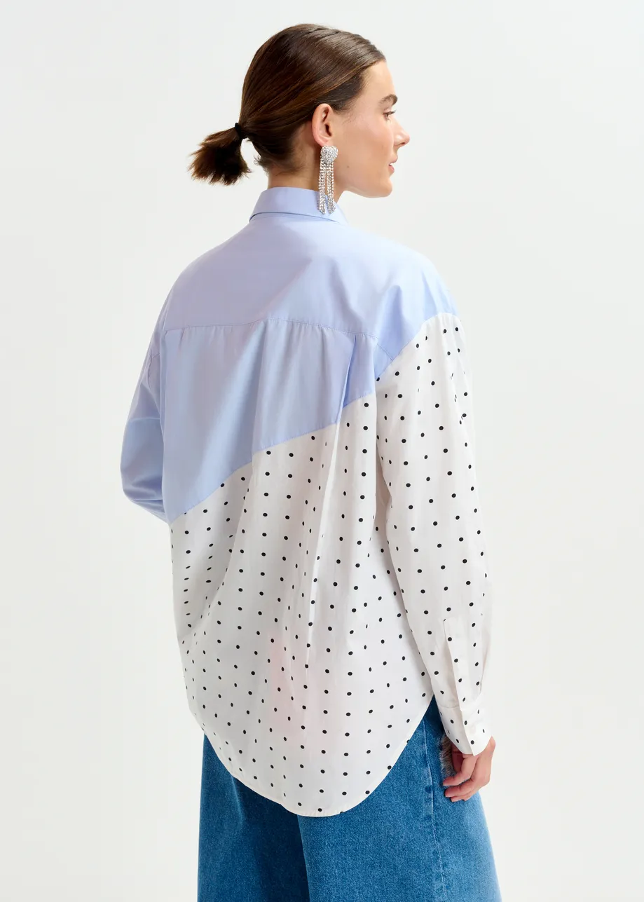 Blue, white and multicolor cotton shirt with sequin flowersand polka dot contrast