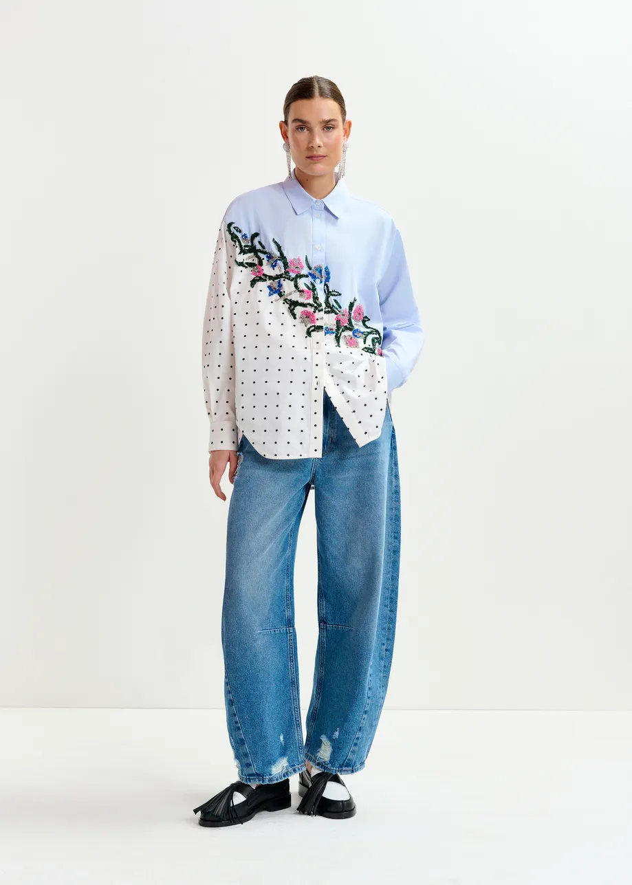 Blue, white and multicolor cotton shirt with sequin flowersand polka dot contrast