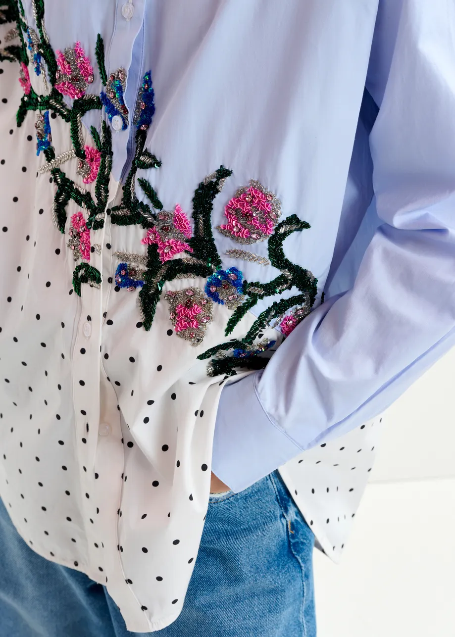 Blue, white and multicolor cotton shirt with sequin flowersand polka dot contrast