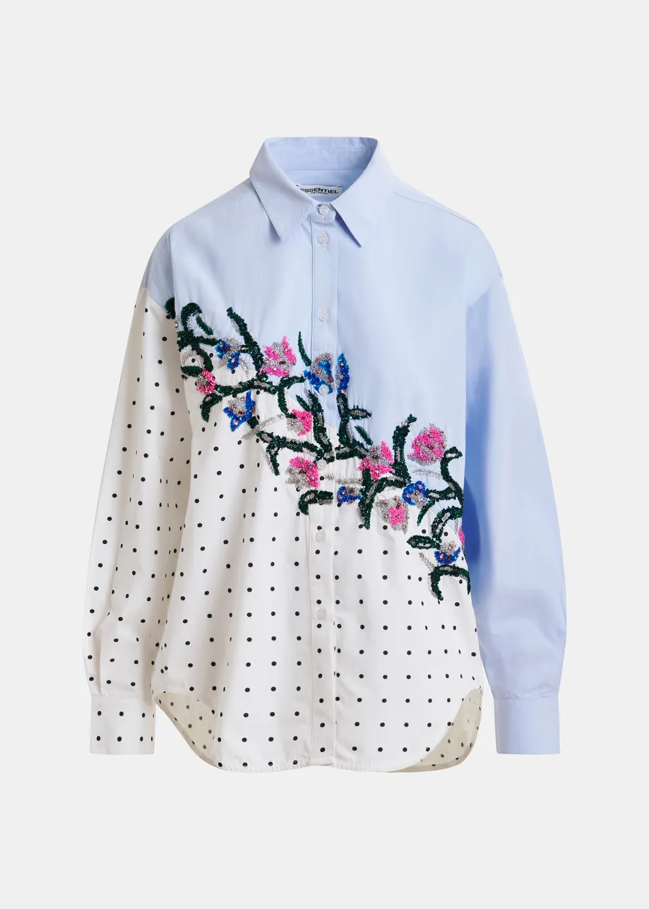 Chemise bleue, blanche et multicolore en coton avec fleurs en sequins et imprimé à pois contrasté
