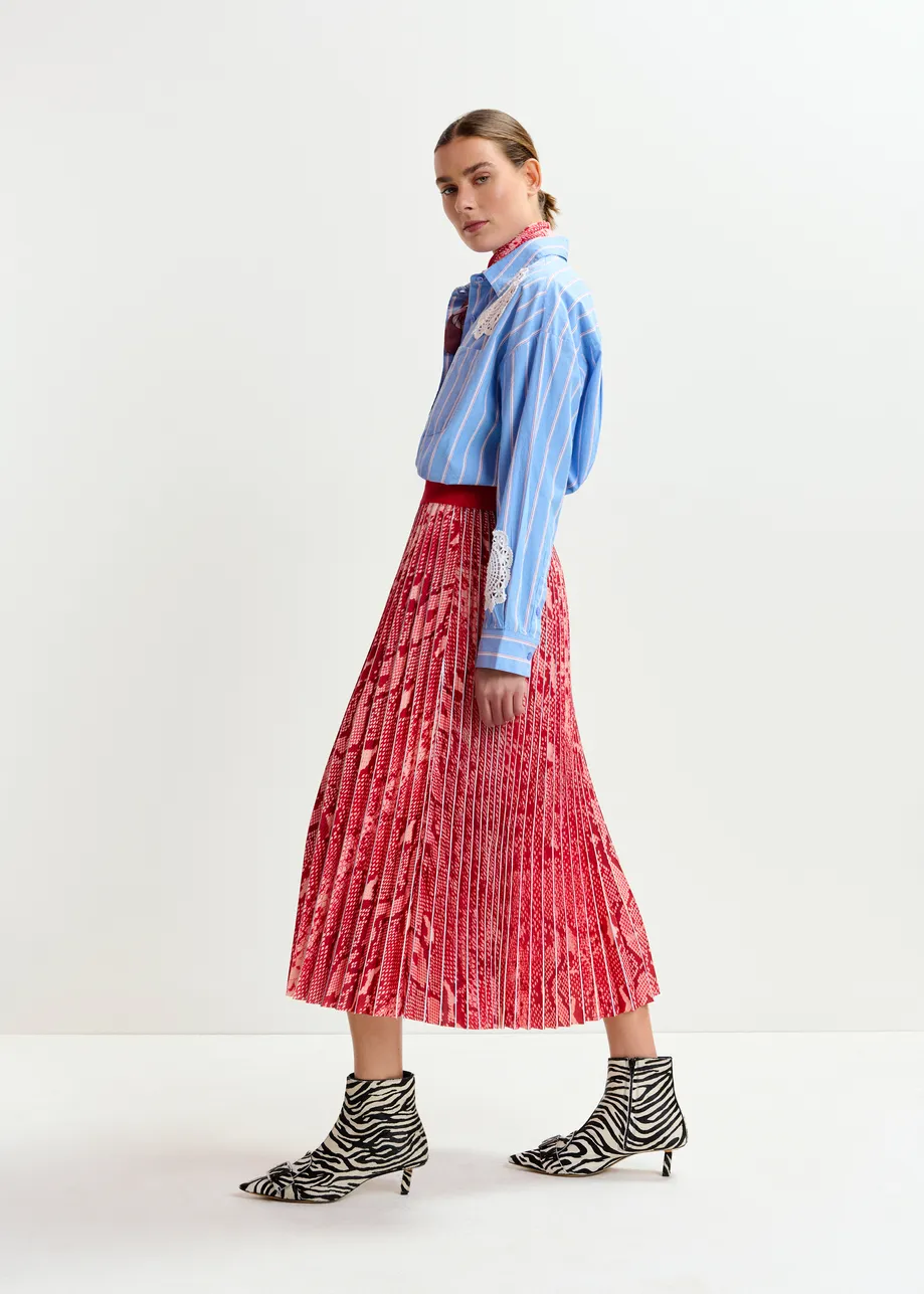 Red and orange snakeprint pleated skirt