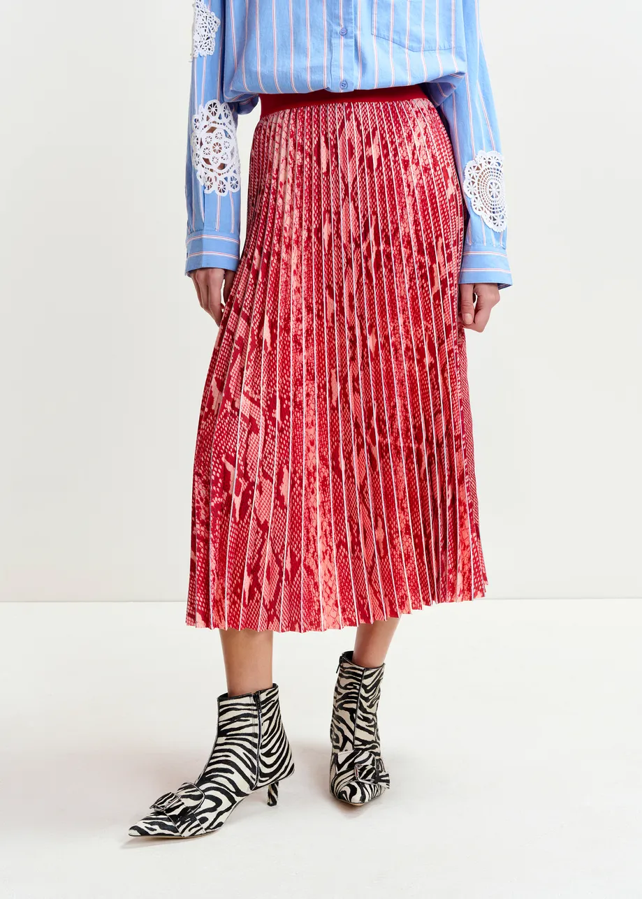 Red and orange snakeprint pleated skirt