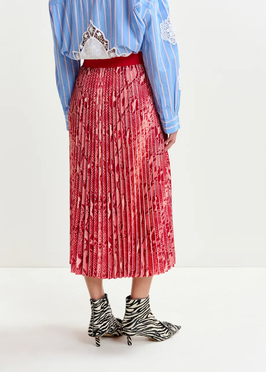 Red and orange snakeprint pleated skirt