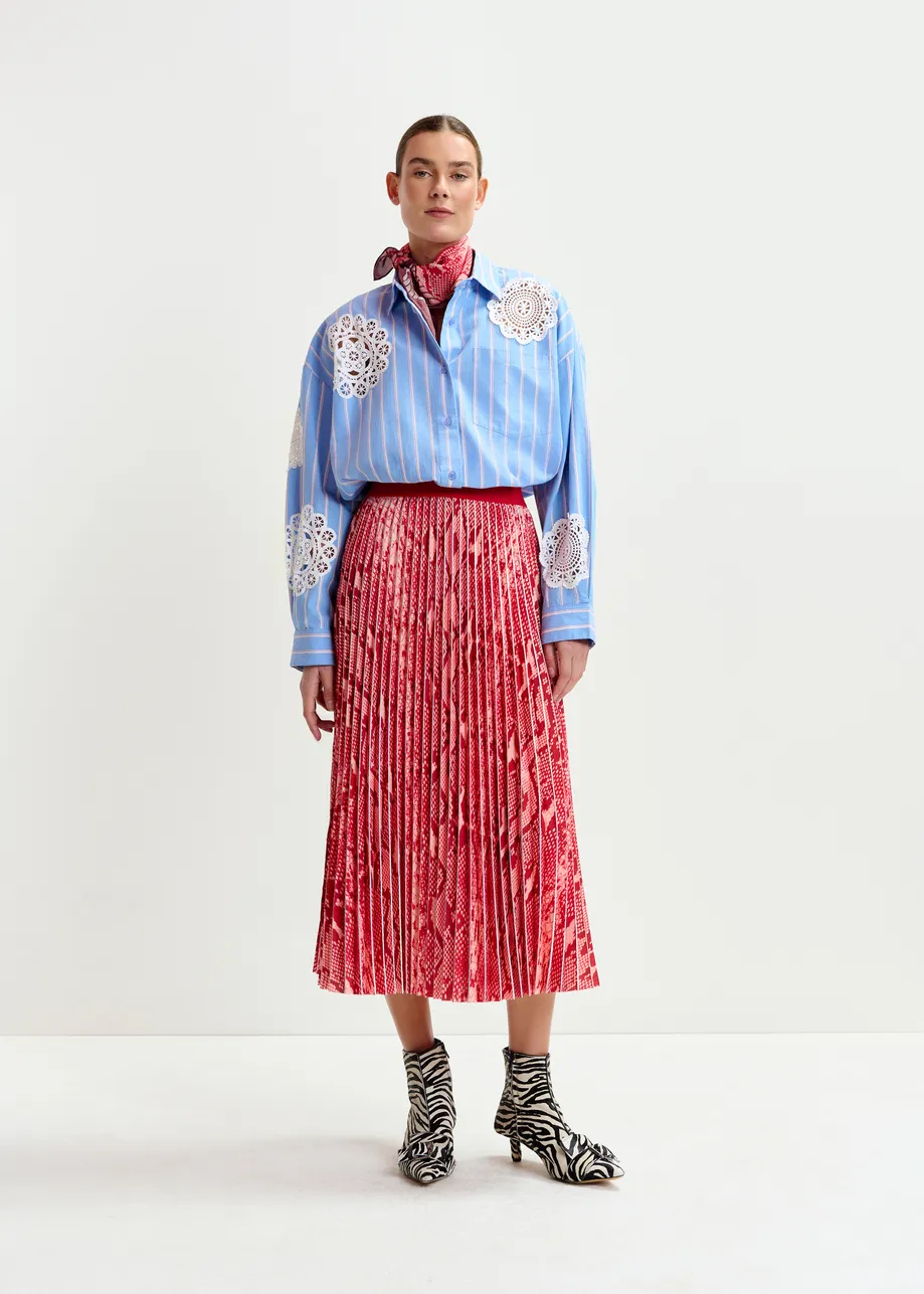 Red and orange snakeprint pleated skirt