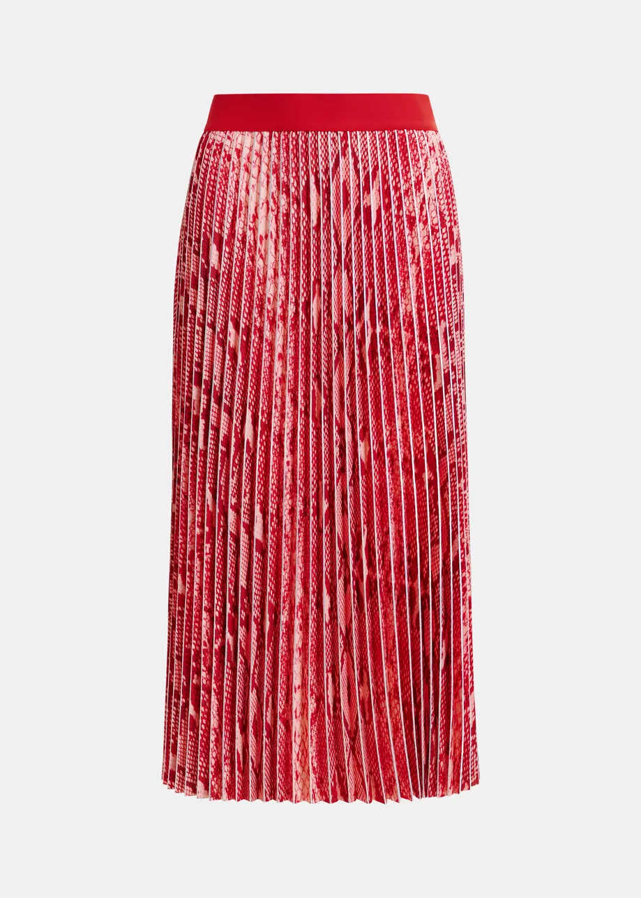 Red and orange snakeprint pleated skirt