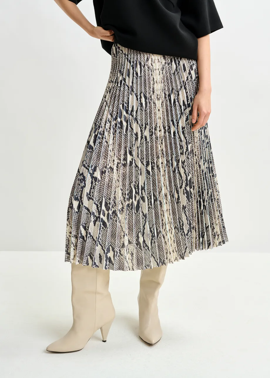 Groene, beige en zwarte midi-plissérok met slangenprint