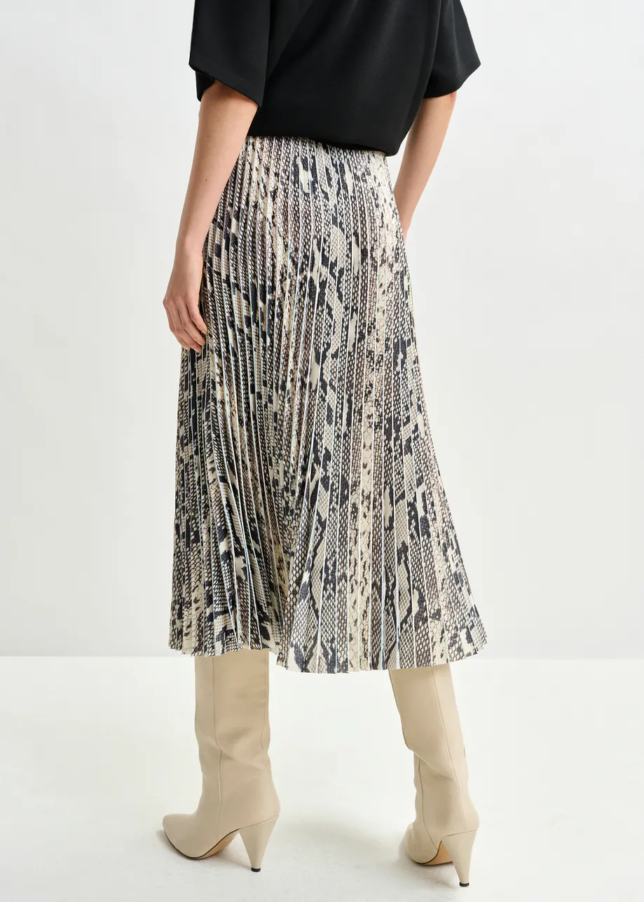 Groene, beige en zwarte midi-plissérok met slangenprint