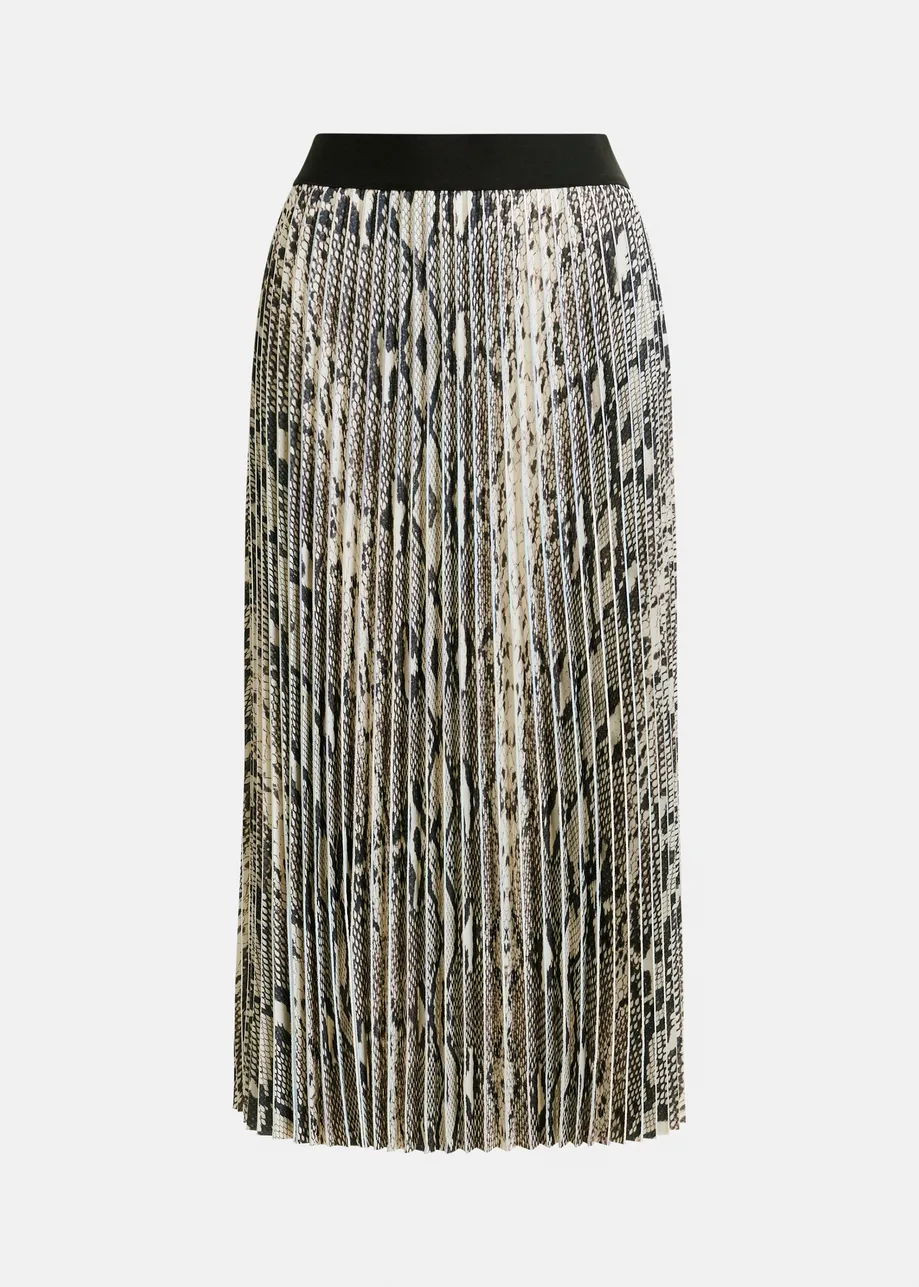 Groene, beige en zwarte midi-plissérok met slangenprint
