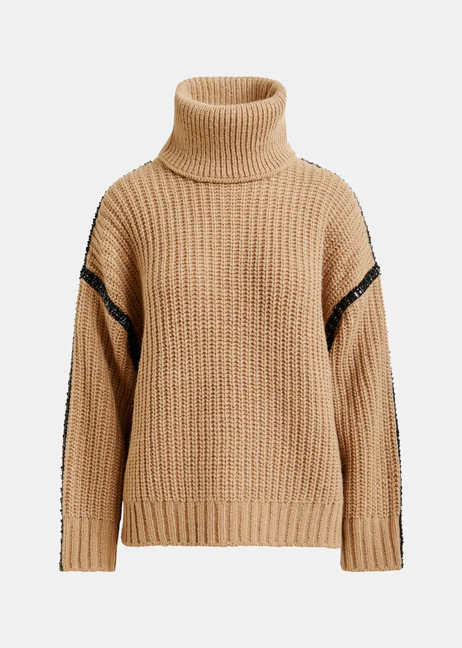 Brown wool-blend turtleneck with detachable collar and rhinestone embellishments