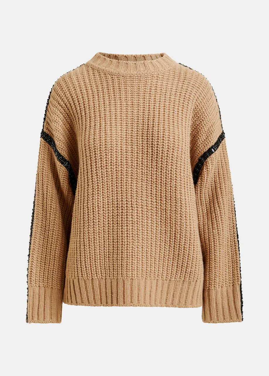 Brown wool-blend turtleneck with detachable collar and rhinestone embellishments