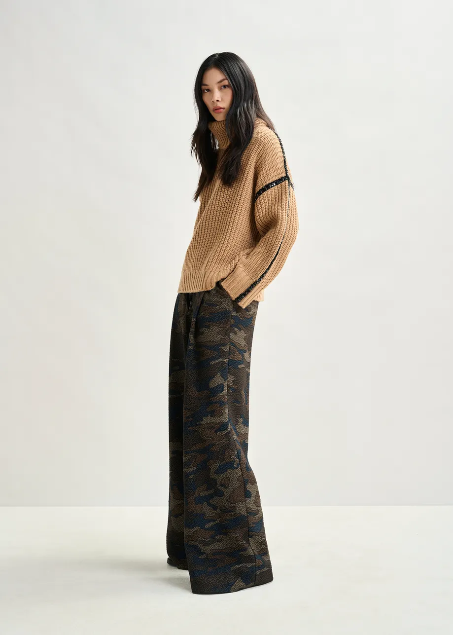 Brown wool-blend turtleneck with detachable collar and rhinestone embellishments