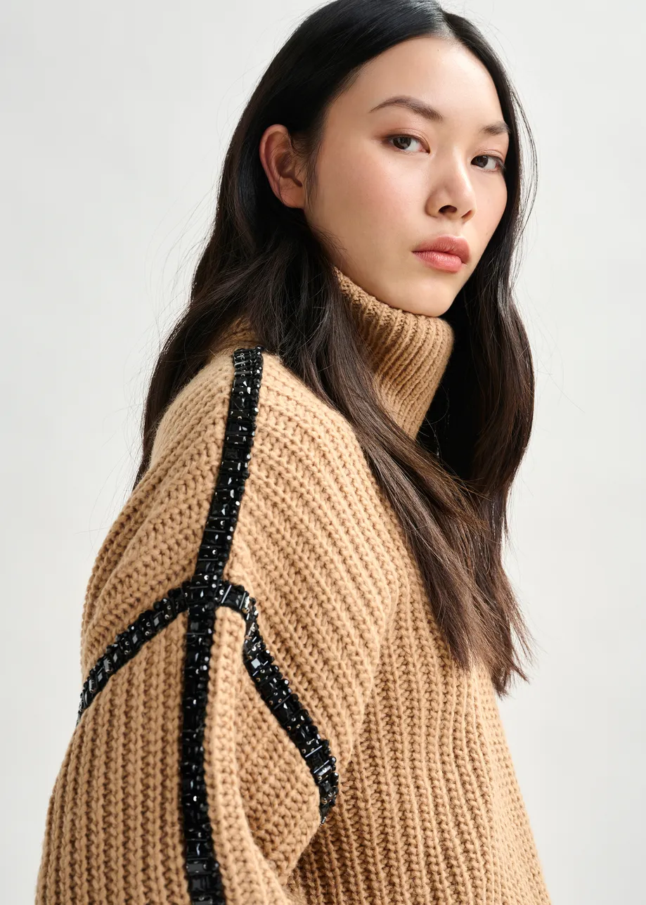 Brown wool-blend turtleneck with detachable collar and rhinestone embellishments
