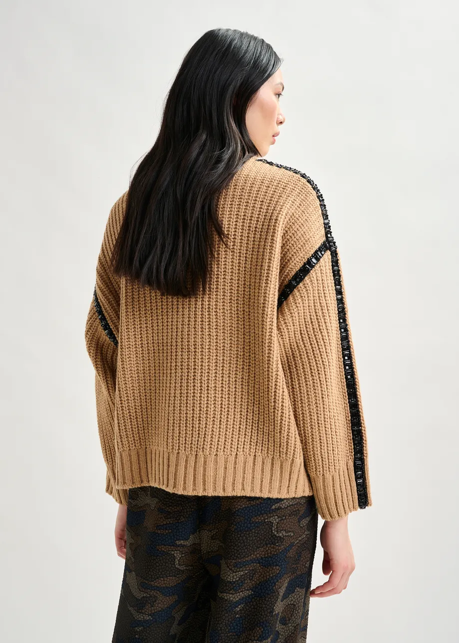 Brown wool-blend turtleneck with detachable collar and rhinestone embellishments