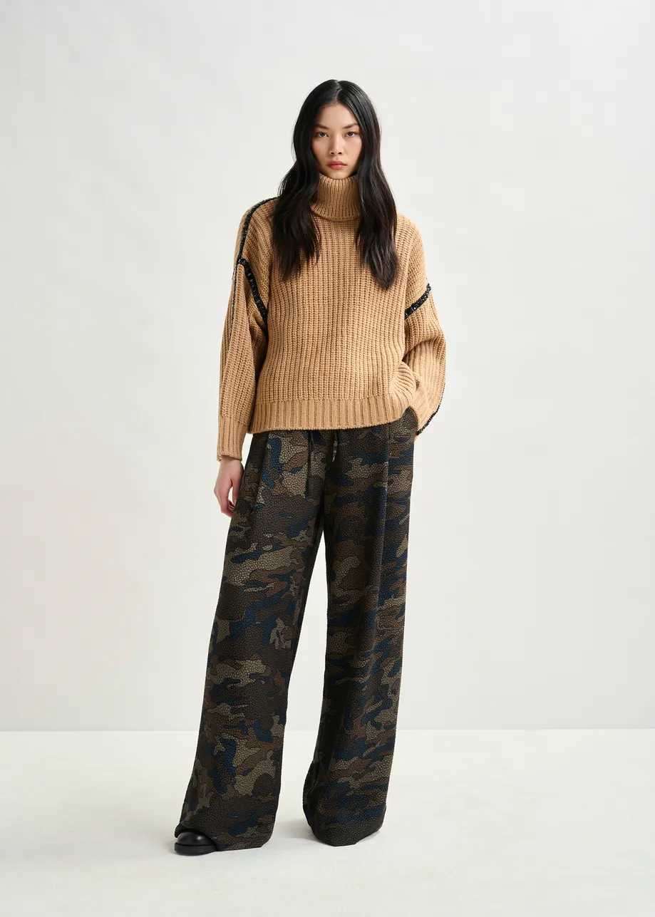 Brown wool-blend turtleneck with detachable collar and rhinestone embellishments