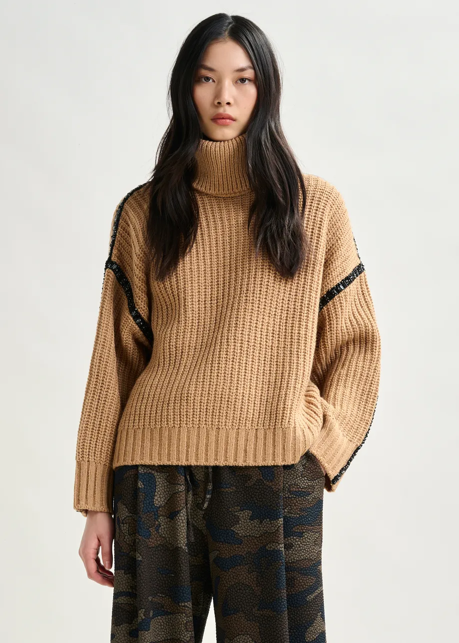 Brown wool-blend turtleneck with detachable collar and rhinestone embellishments