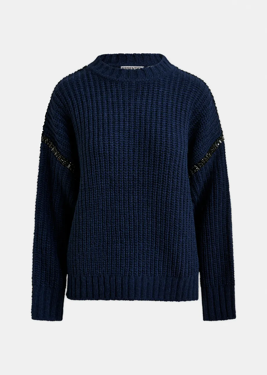 Navy wool-blend turtleneck with detachable collar and rhinestone embellishments