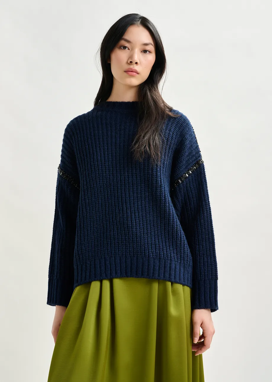 Navy wool-blend turtleneck with detachable collar and rhinestone embellishments
