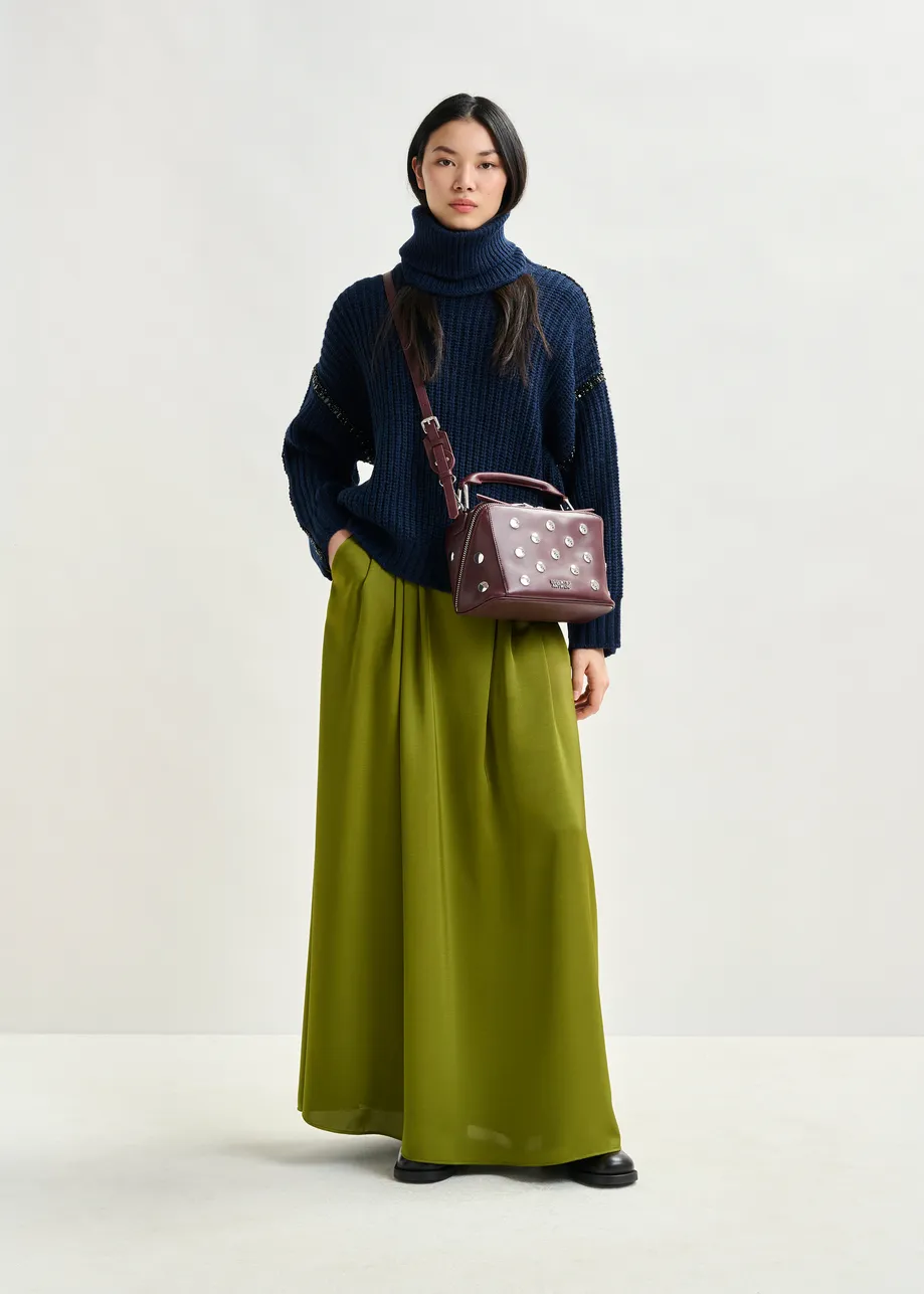 Navy wool-blend turtleneck with detachable collar and rhinestone embellishments