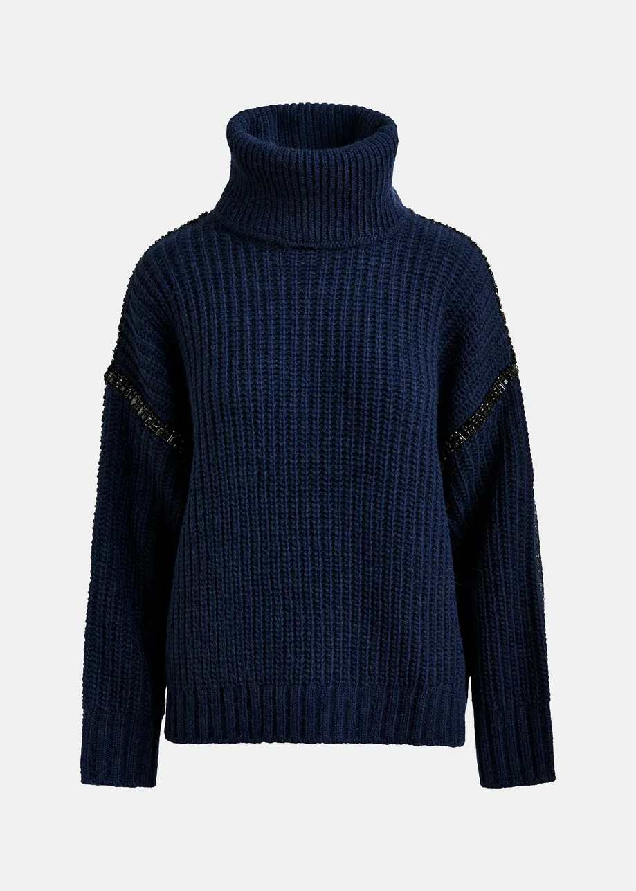 Navy wool-blend turtleneck with detachable collar and rhinestone embellishments