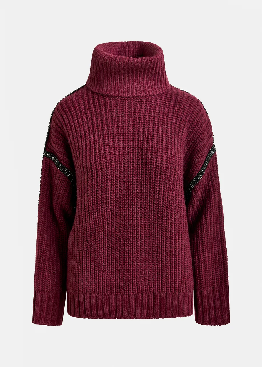 Burgundy wool-blend turtleneck with detachable collar and rhinestone embellishments