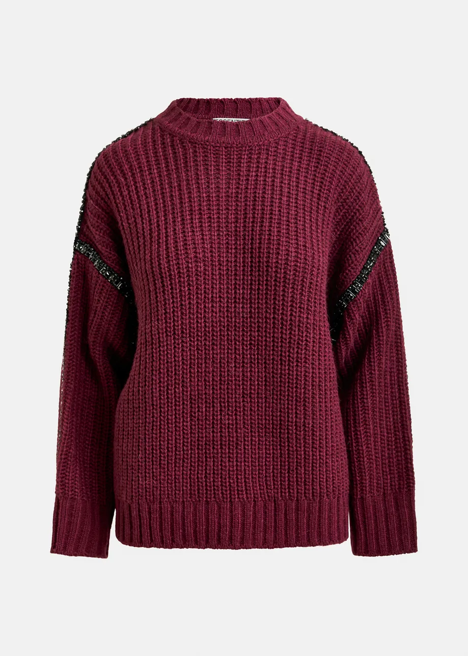Burgundy wool-blend turtleneck with detachable collar and rhinestone embellishments