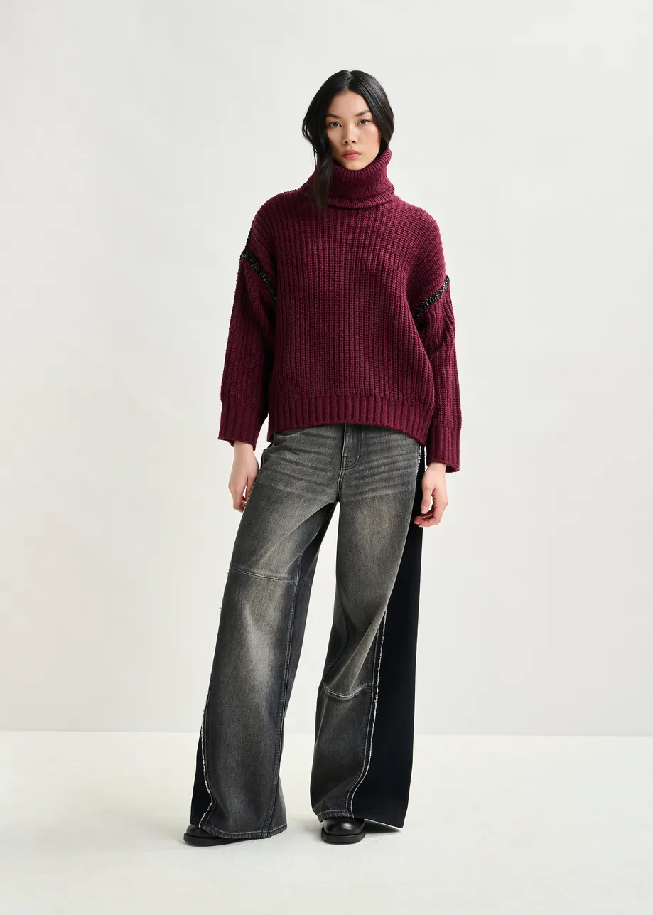 Burgundy wool-blend turtleneck with detachable collar and rhinestone embellishments