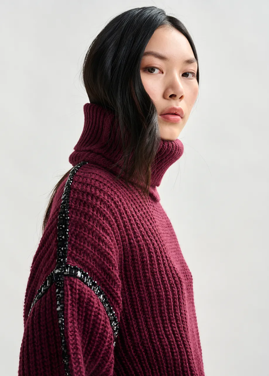 Burgundy wool-blend turtleneck with detachable collar and rhinestone embellishments