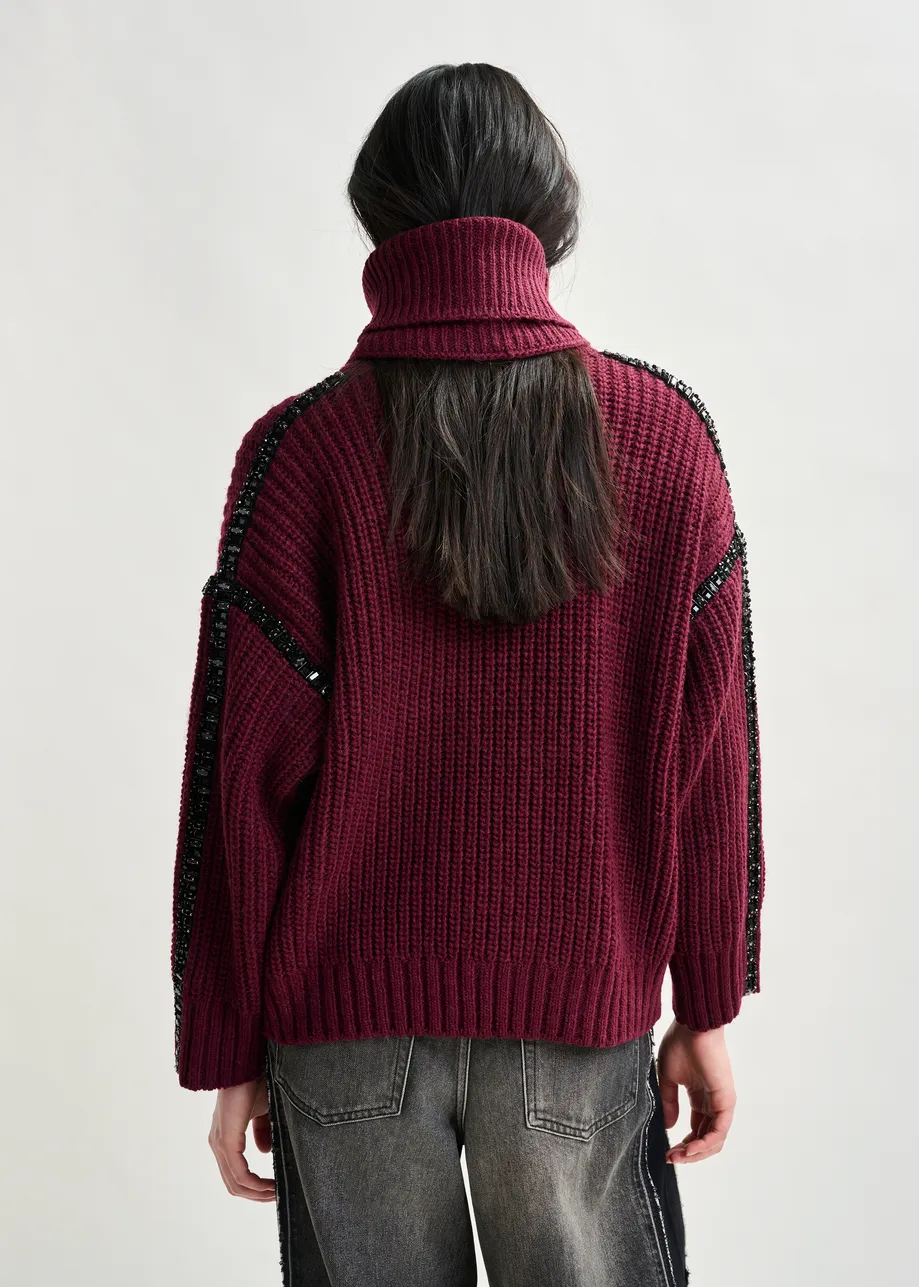 Burgundy wool-blend turtleneck with detachable collar and rhinestone embellishments