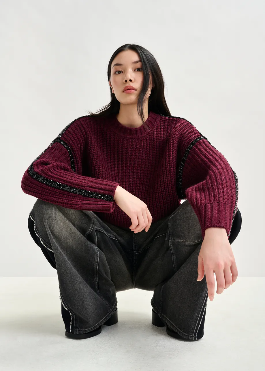 Burgundy wool-blend turtleneck with detachable collar and rhinestone embellishments