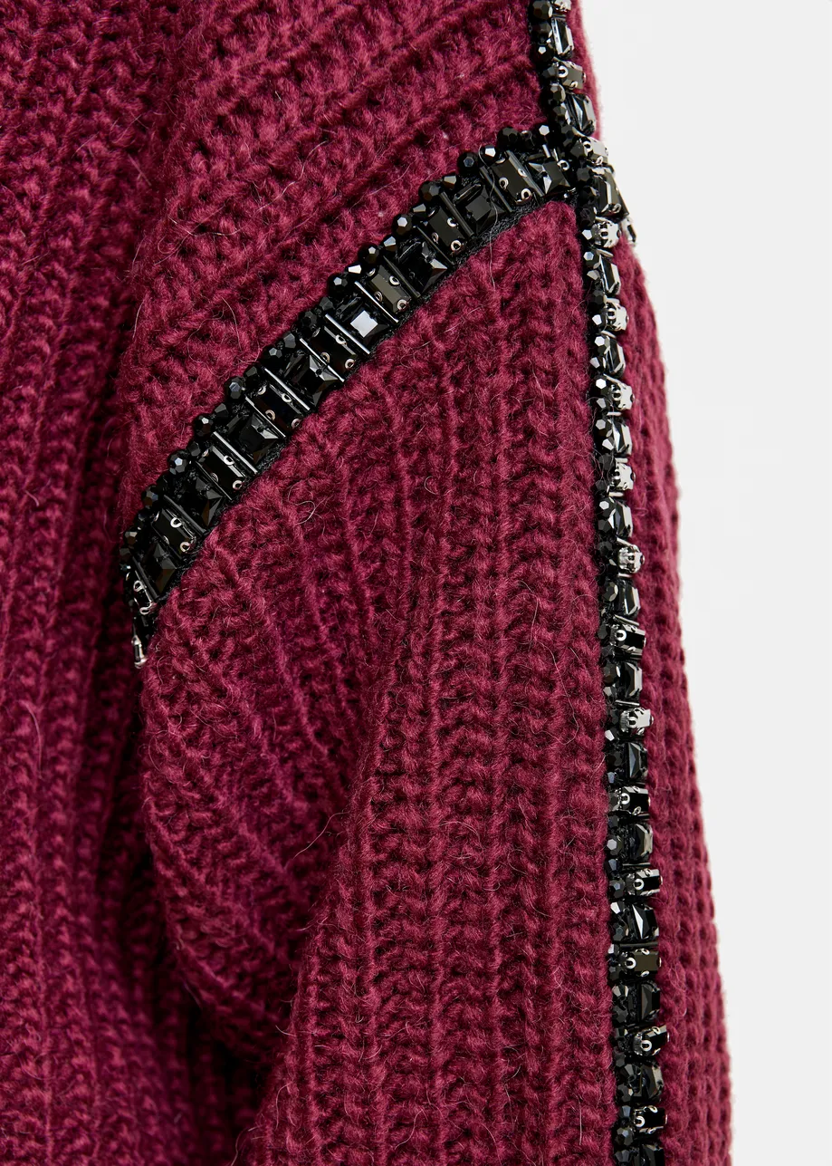 Burgundy wool-blend turtleneck with detachable collar and rhinestone embellishments