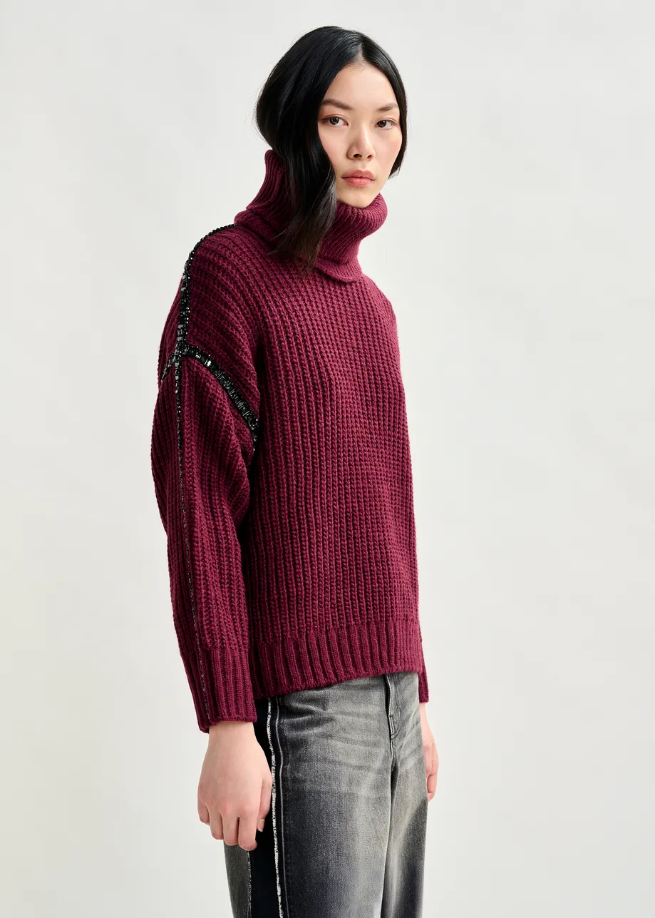 Burgundy wool-blend turtleneck with detachable collar and rhinestone embellishments