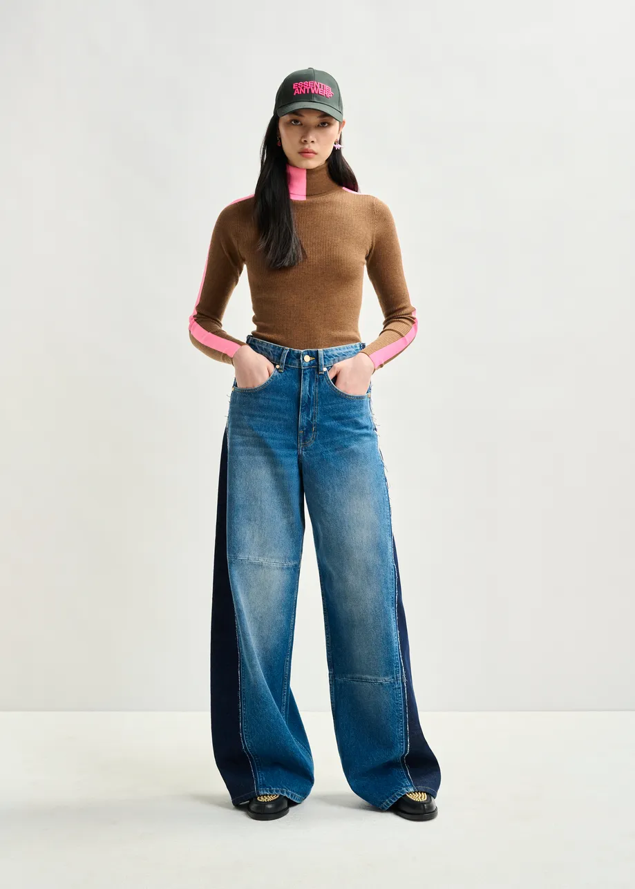 Blue and dark blue wide-leg contrast panel jeans